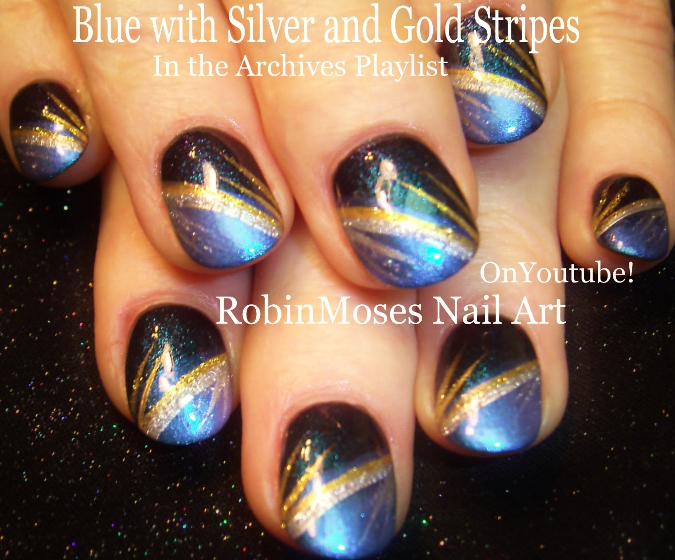 Manicureit Author At Manicure It Page 71 Of 150 These Blue Nails With Silver Gold Stripes Are A Super Fun Nail Art Design